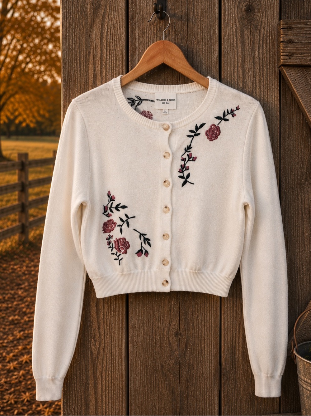 Willow & Wind Cardigan L Ivory Floral Embroidered Cropped Button Front Sweater